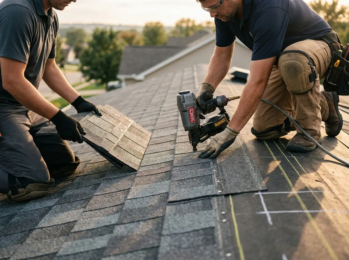 Professional roofer working on a residential roof in Frostburg